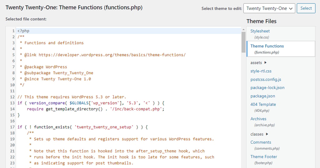 A WordPress theme's functions.php file