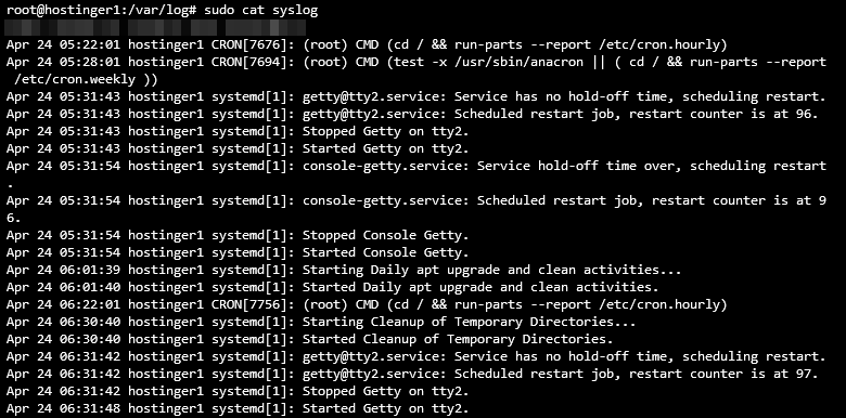 Terminal showing syslog inside the :var:log directory
