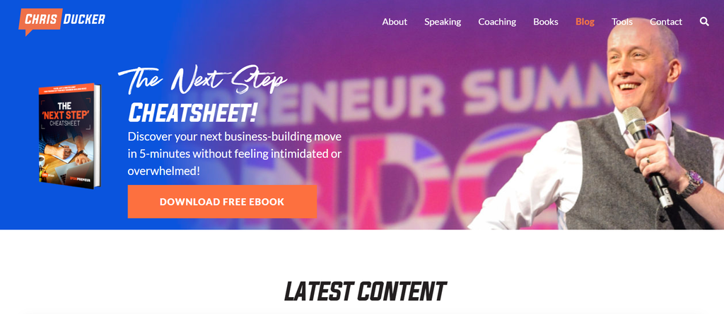 Chris Ducker's entrepreneurship blog. It offers a free cheatsheet for launching a business
