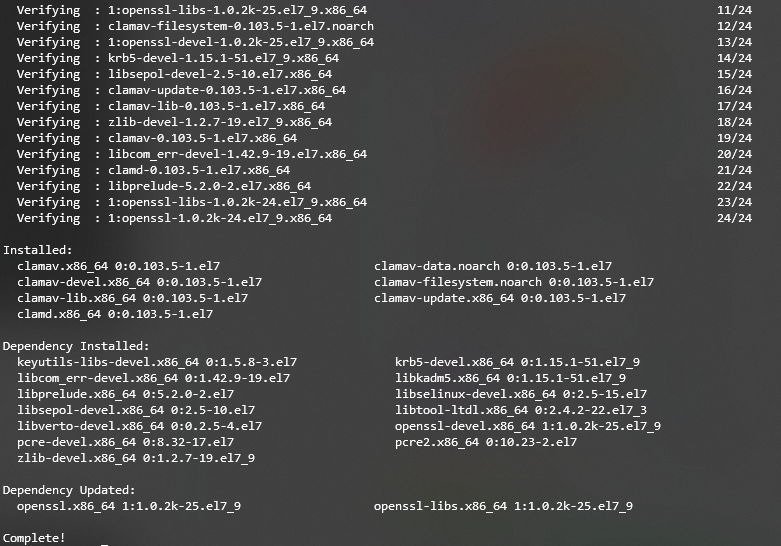 Terminal showing that the ClamAV antivirus installation in a VPS is completed