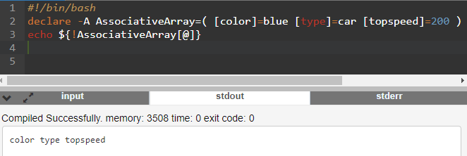 Command-line script to print out all the keys of an associative array. To print all the values instead, only the exclamation point would need to be removed