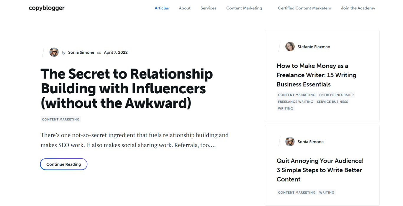 Copy Blogger, an entrepreneurship blog that offers content marketing learning resources