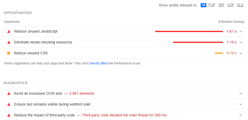 Google PageSpeed Insights improvement opportunities