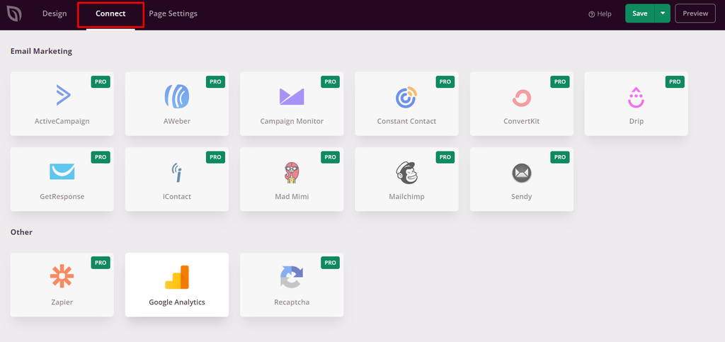 The Connect tab in SeedProd that allows you to integrate your landing page with email marketing services