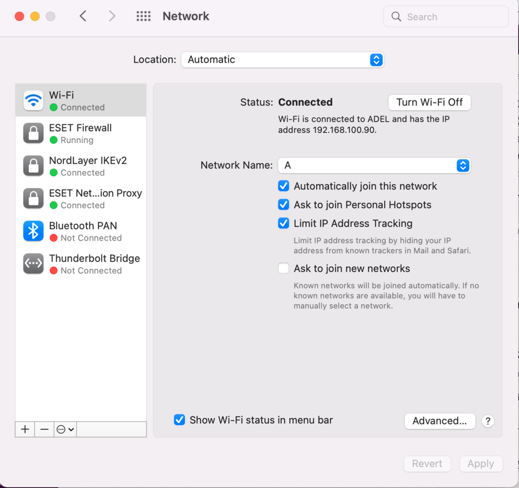 The Network settings menu on macOS