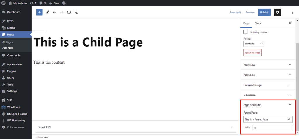 The Page Attributes section on the WordPress editor
