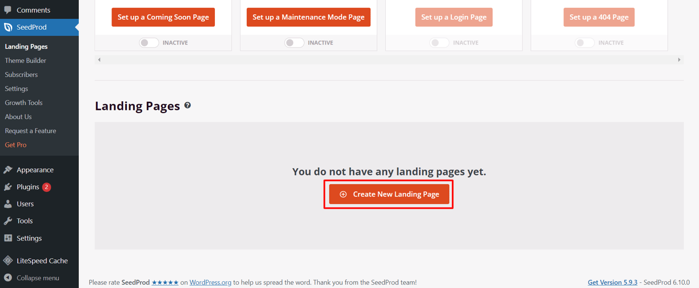 The SeedProd dashboard with the Create New Landing Page button highlighted