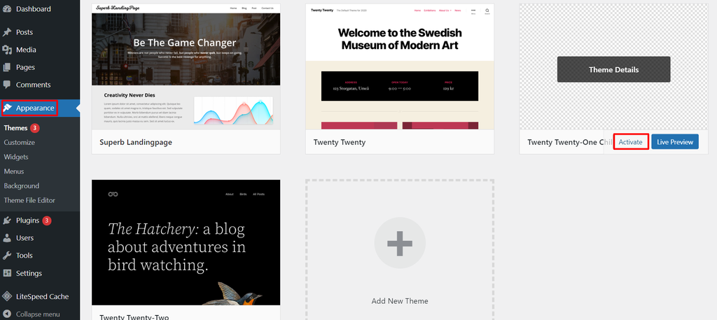 The WordPress themes menu where you can find your child theme and activate it