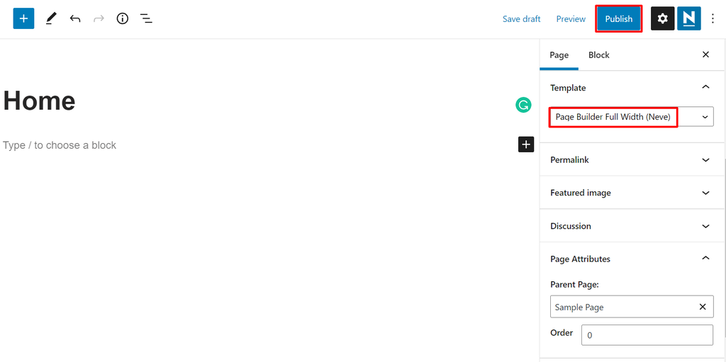 The appearance of a new page that allows you to select your template page on the sidebar menu
