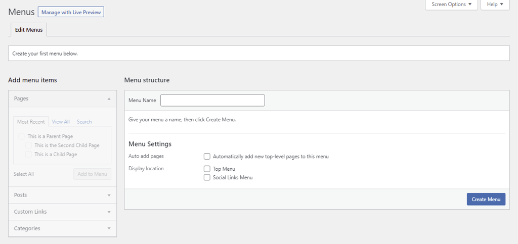 The Menus section of the active theme