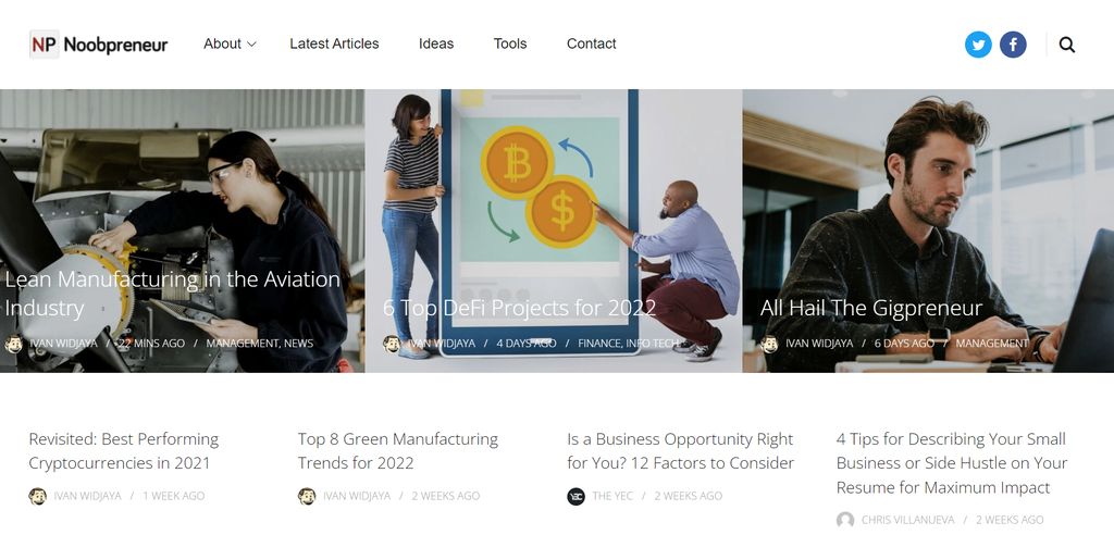 The homepage of Noobpreneur, an entrepreneurship blog that shares tips and ideas for small business owners