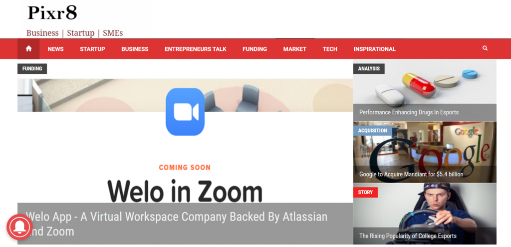 The homepage of Pixr8, an entrepreneurship blog that covers market trends and tech utilization