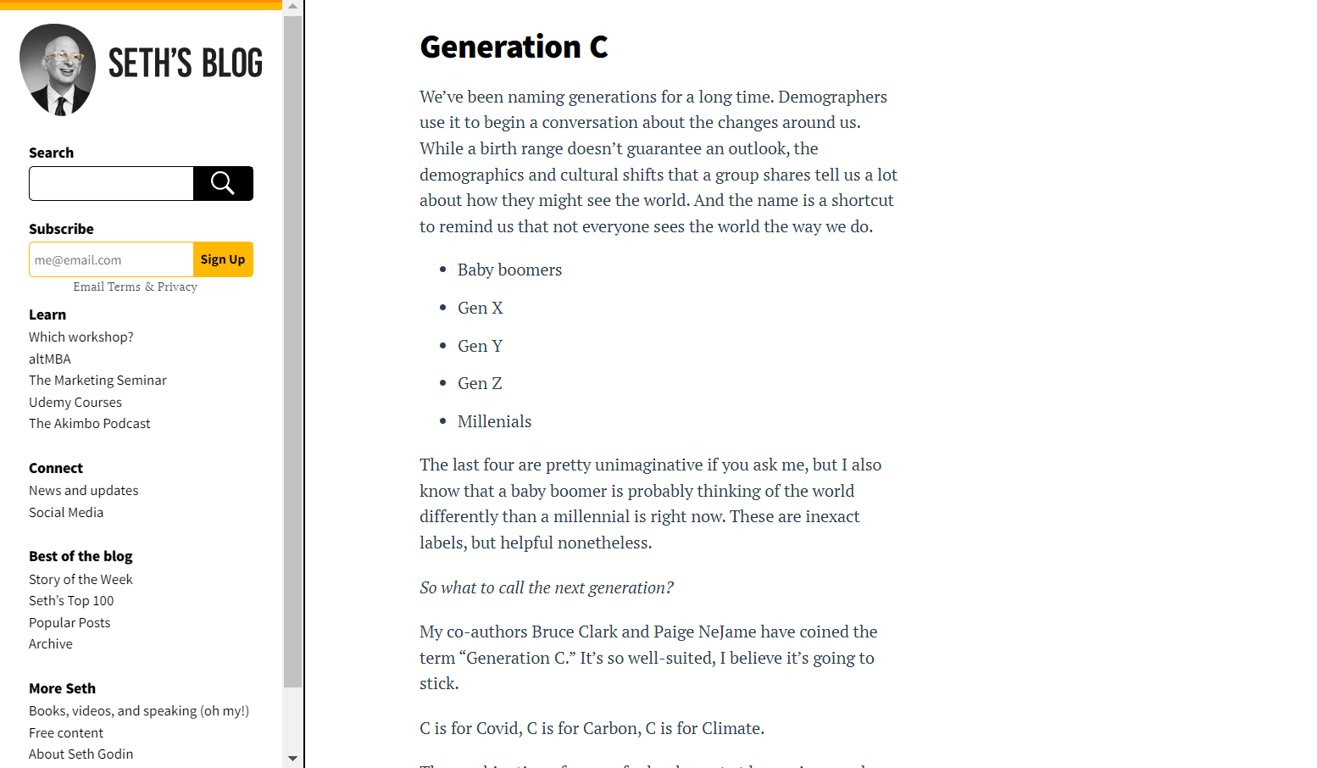 The homepage of Seth's Blog, an entrepreneurship blog that focuses on the marketing topic