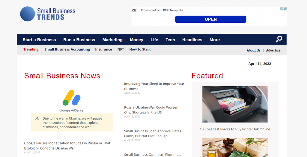 The homepage of Small Business Trends, an entrepreneurship blog that provides the latest business news and advice