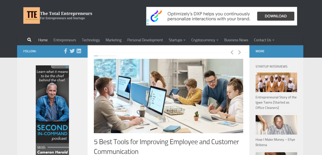 The homepage of The Total Entrepreneurs, an entrepreneurship blog that contains motivational tips and business ideas