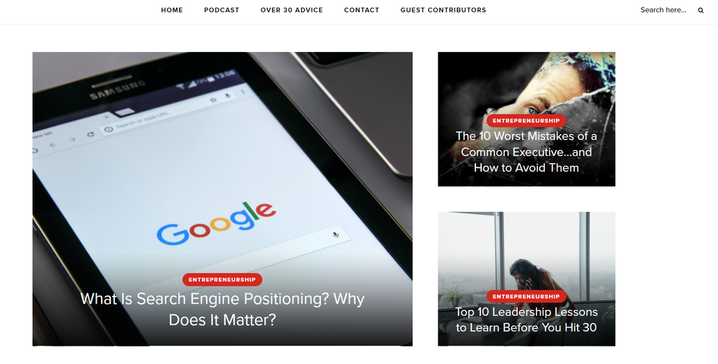 The homepage of Under 30 CEO, an entrepreneurship blog that provides business news and advice for young entrepreneurs