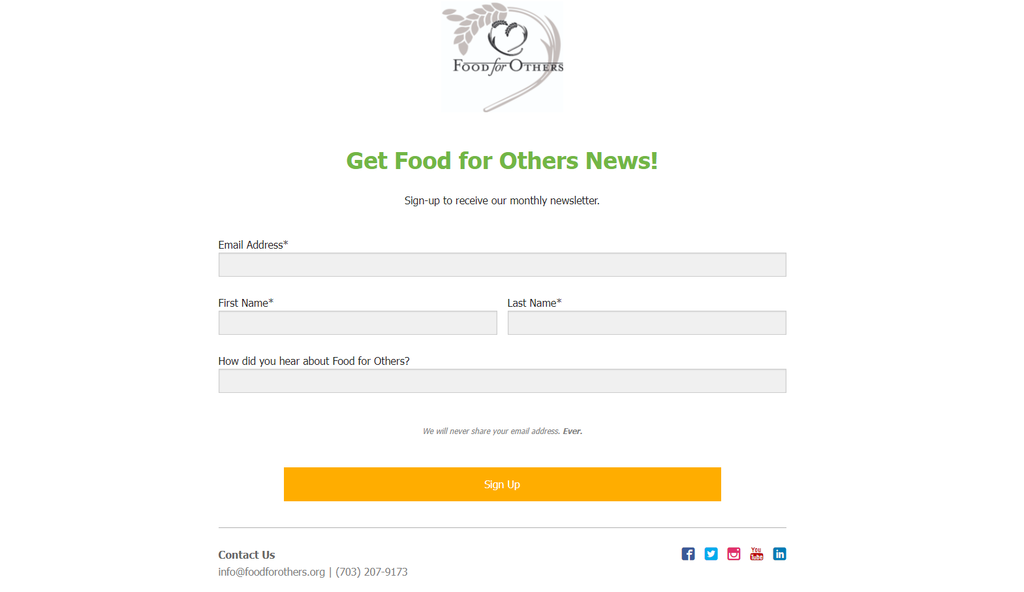 The landing page of the Food for Others site that features a simple design with a contact form
