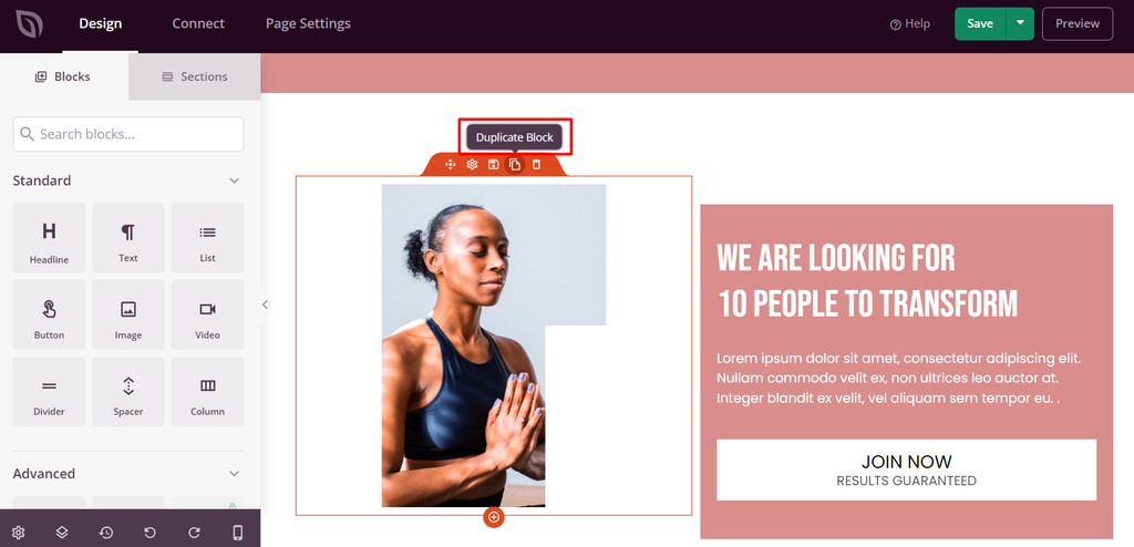 The navigation menu to duplicate a block for your landing page in SeedProd