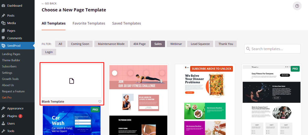 The pre-made template options in SeedProd