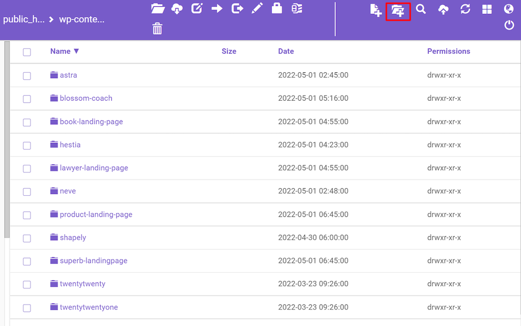 The themes folder in the file manager where you can add new folder to create a child theme