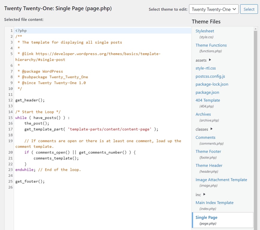 The theme's page.php file