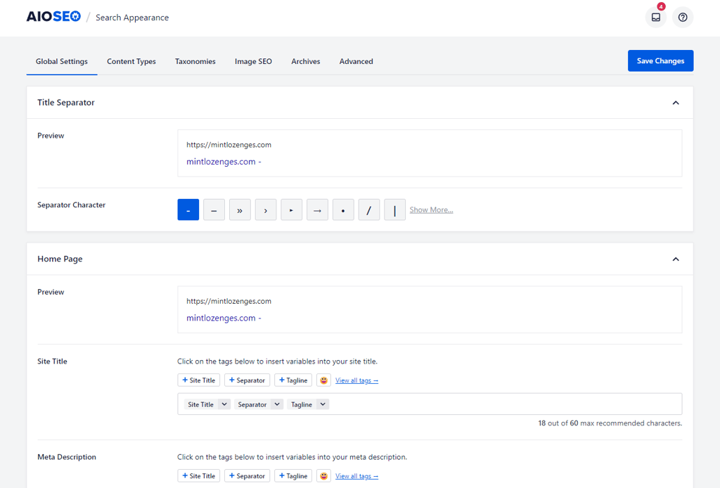 AIOSEO's Search Appearance settings, where you can configure your web pages' meta descriptions and title tags

