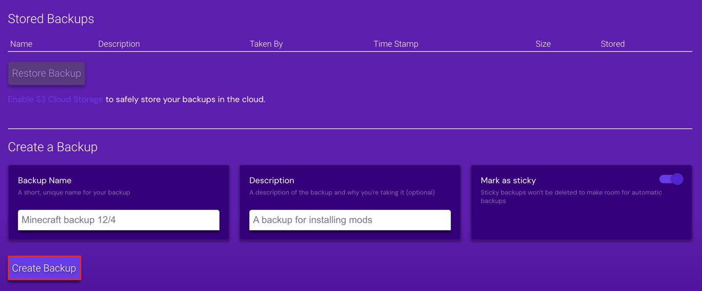 The Create Backup button in Game Panel
