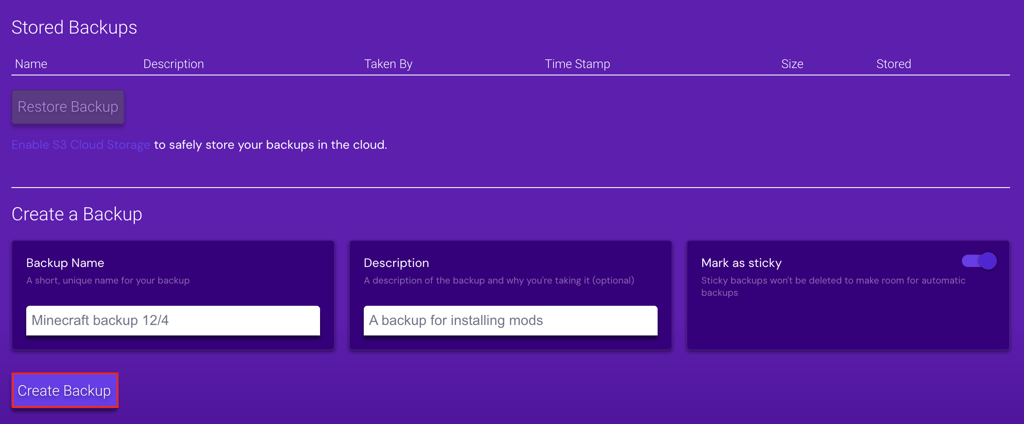 The Create Backup button in Game Panel