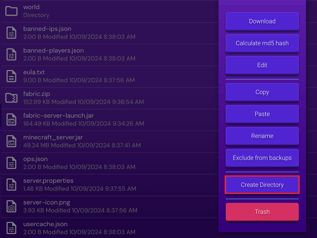 The Create Directory button in Game Panel's File Manager