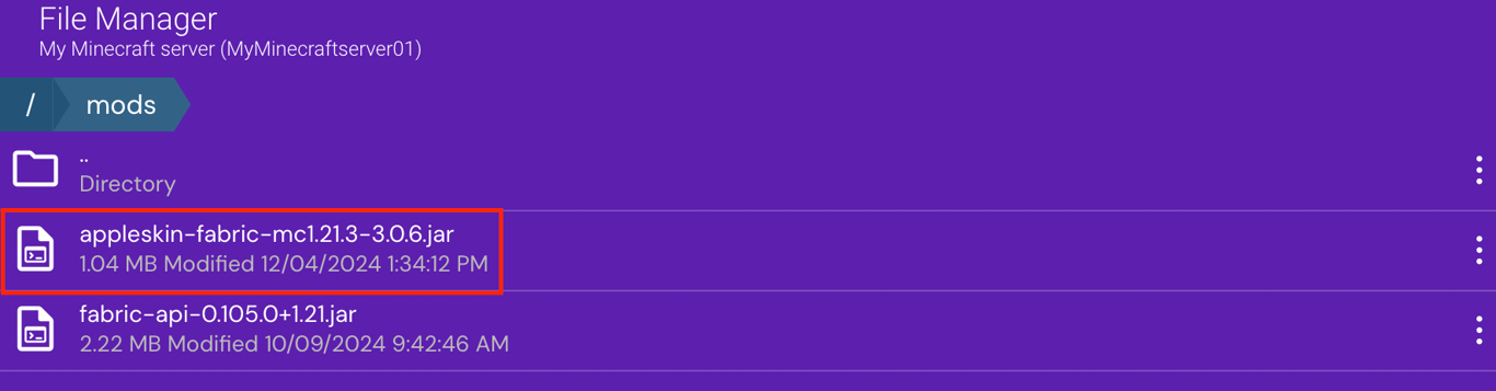The uploaded mod in Game Panel's File Manager
