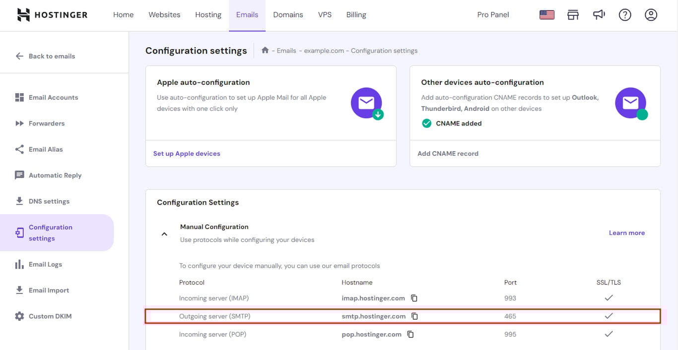 The Configuration settings in hPanel's Email menu with the Outgoing server (SMTP) details highlighted
