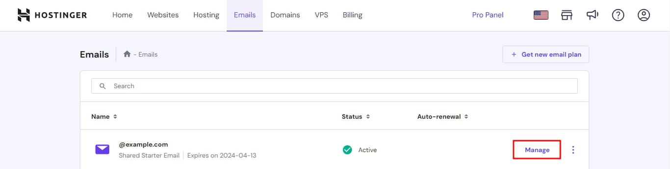 hPanel's Email tab with Manage highlighted
