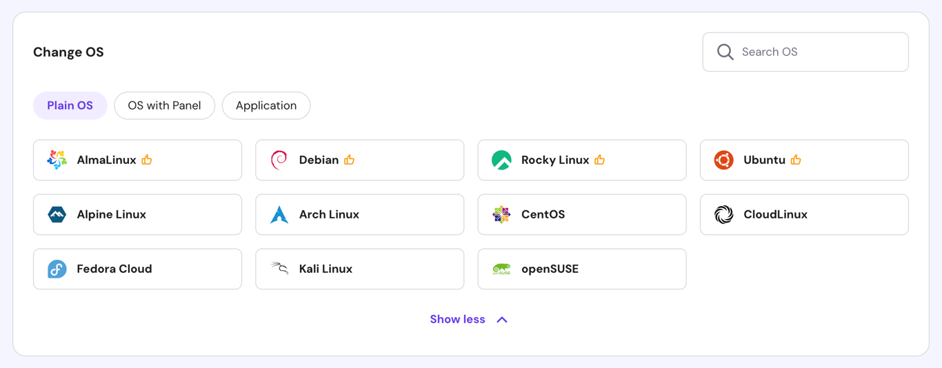 The Change OS section with Linux OS options in hPanel's VPS