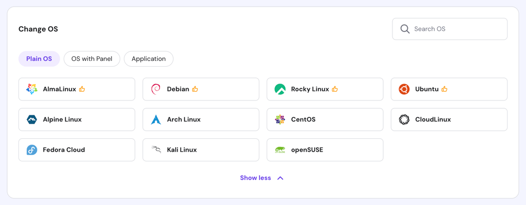 The Change OS section with Linux OS options in hPanel's VPS