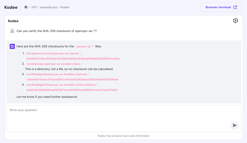 Kodee responds to a question about verifying the OpenVPN package's SHA-256 checksum