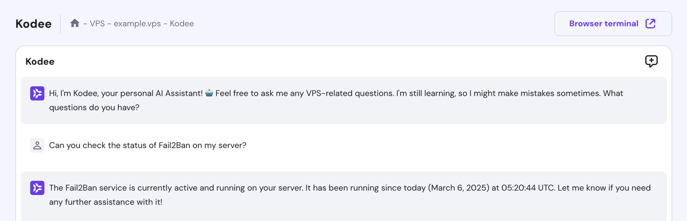 Kodee responds to a question about Fail2ban's status