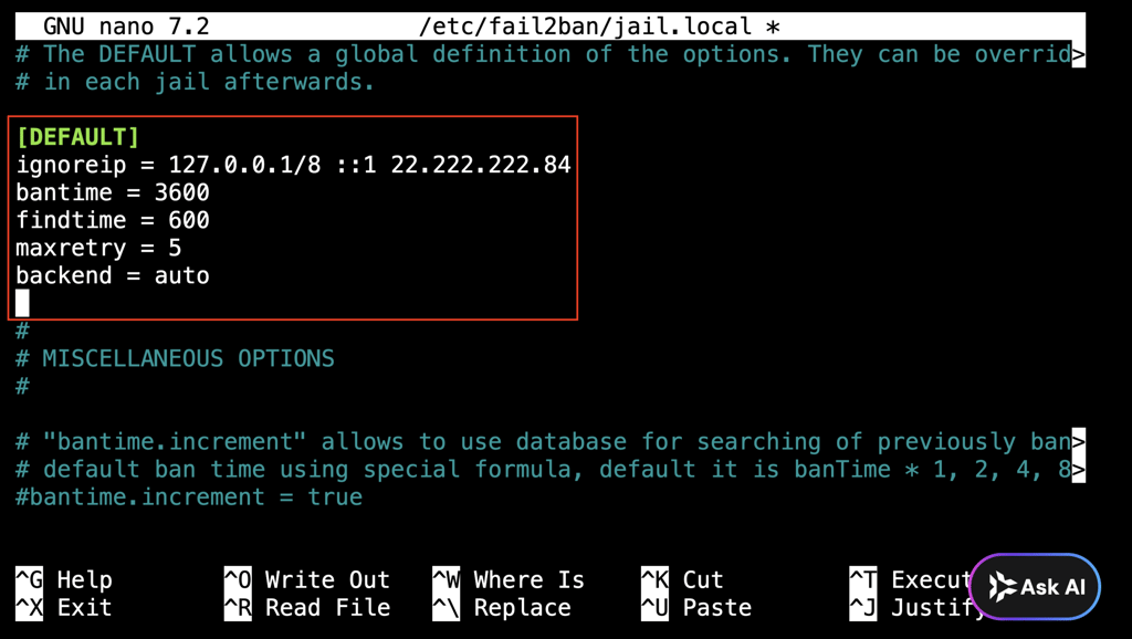The [DEFAULT] section in jail.local with ignoreip and ban settings configured