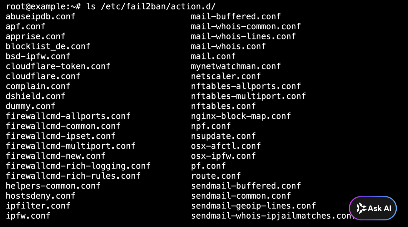 Output of ls showing available Fail2Ban firewall action files
