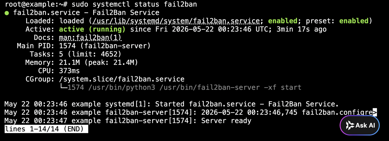 Fail2Ban systemctl status output showing the service as active and running