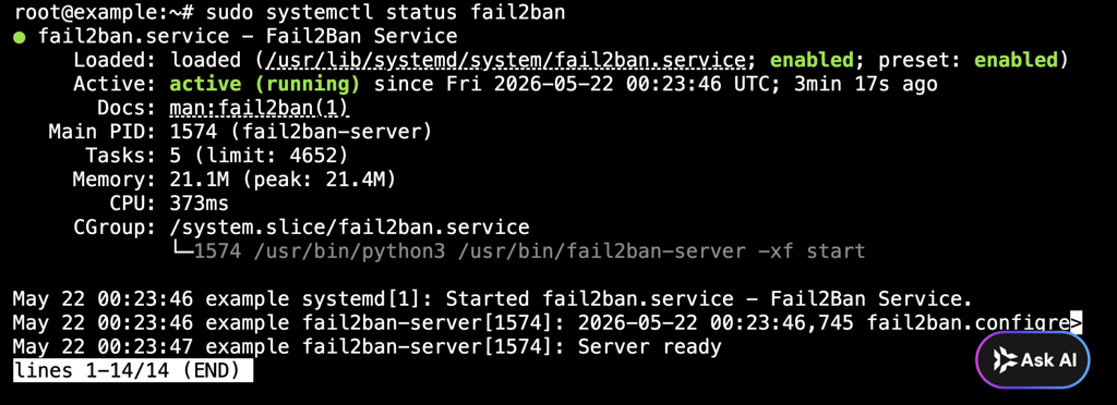 Fail2Ban systemctl status output showing the service as active and running