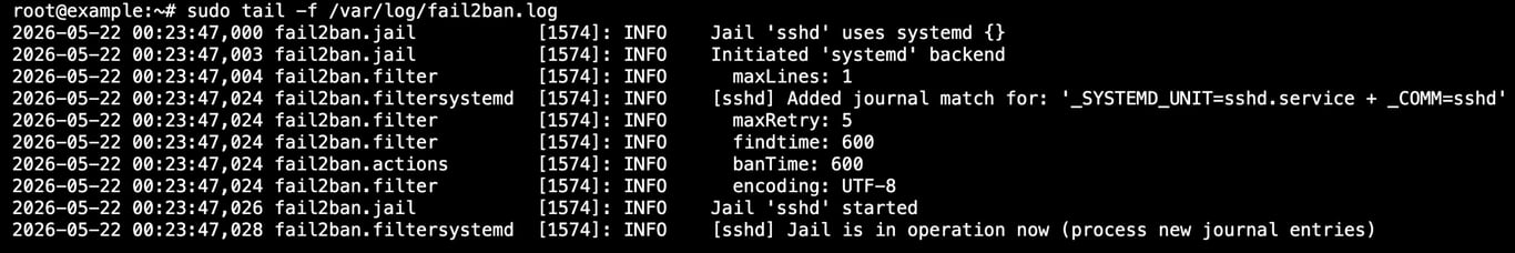 Fail2Ban log output showing the sshd jail started and operational