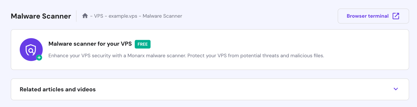 Hostinger's VPS admin dashboard with the Malware Scanner panel