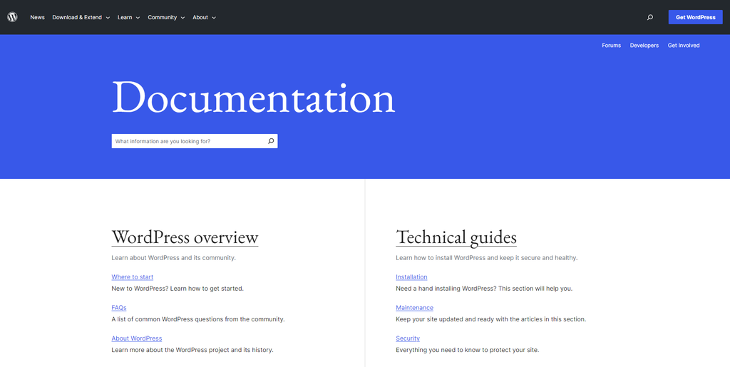 WordPress's documentation page for finding resources to learn WordPress