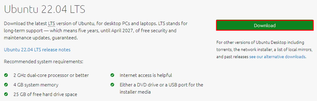 Official download page for desktop Linux distribution – Ubuntu 22.04 LTS. Red border indicating the download button