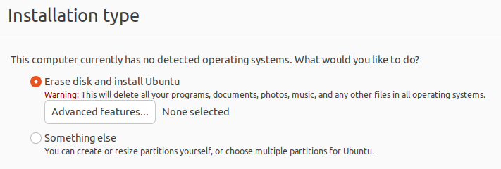 Ubuntu installer step to select the installation type