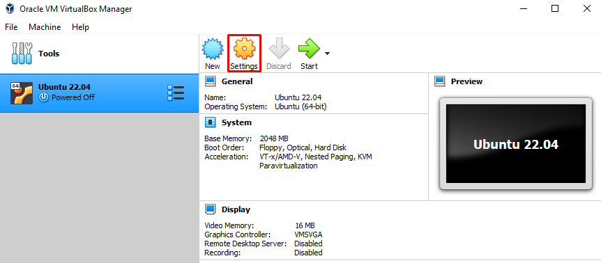 Main VirtualBox window. The red border indicates the button to open the settings menu