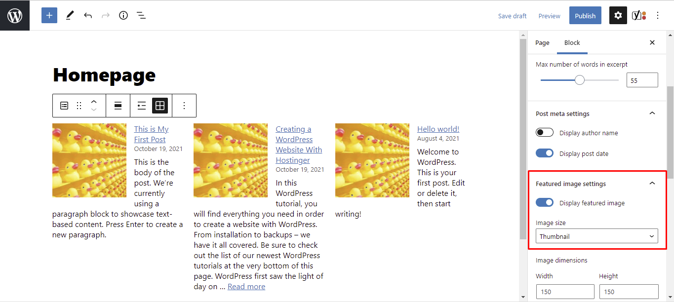 Enabling the Display featured image option in a page