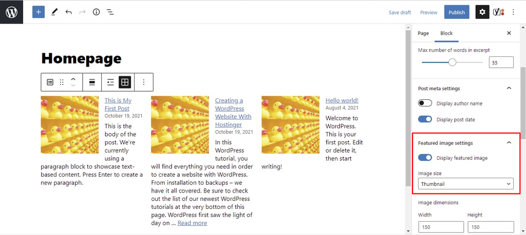 Enabling the Display featured image option in a page