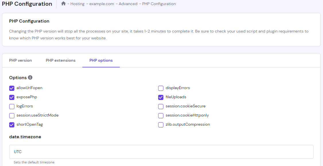 The PHP Options section on the PHP Configuration page on hPanel