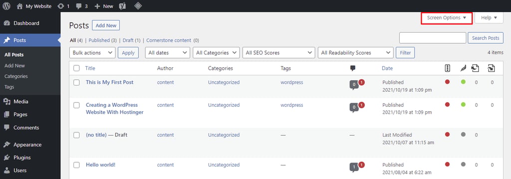 Locating the Featured Image option in the WordPress Screen Options menu.